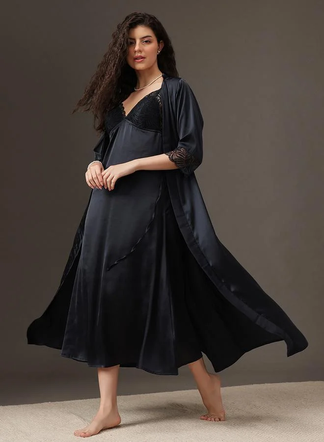 Clovia Women Black Satin Nightdress with Robe Set